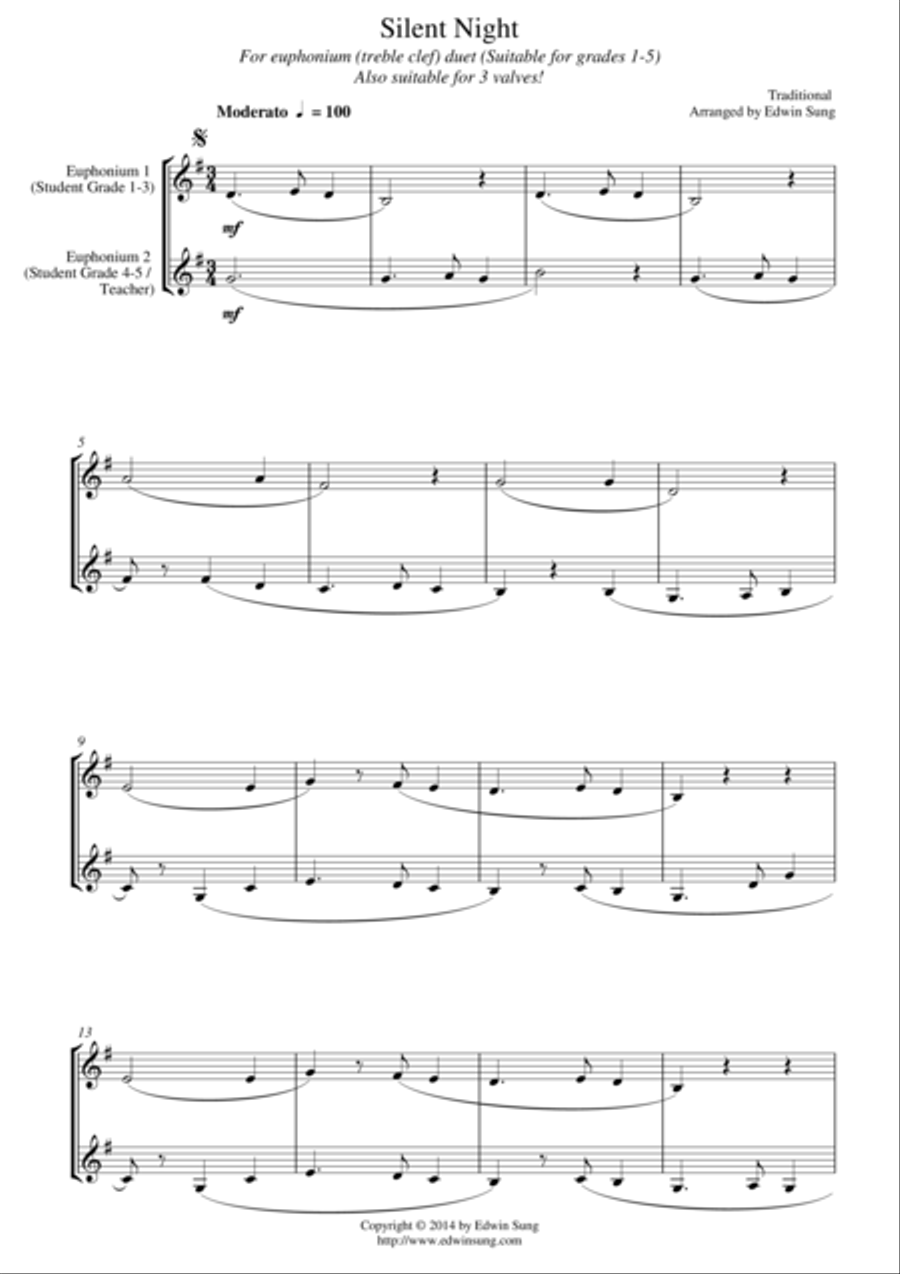 Silent Night (for euphonium duet (Bb treble, 3 or 4 valved), suitable for grades 1-5) Brass Duet scores gallery preview page 1