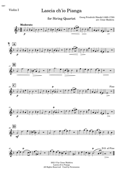 Lascia Ch'Io Pianga for String Quartet (Individual Parts) image number null