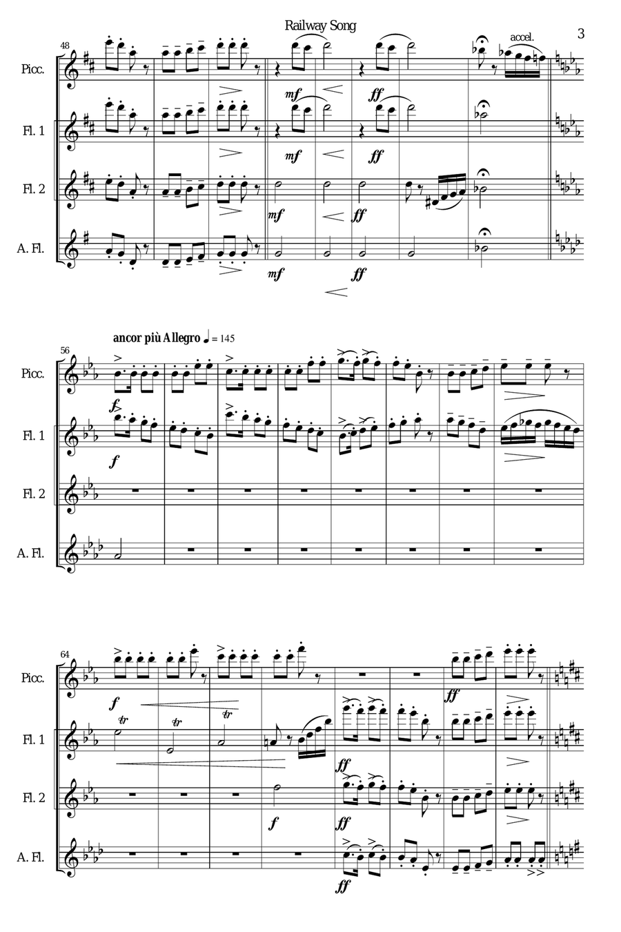 Railway Song (Auf de schwäb'sche Eisebahne) for piccolo, 2 flutes, alto flute Woodwind Quartet scores gallery preview page 3