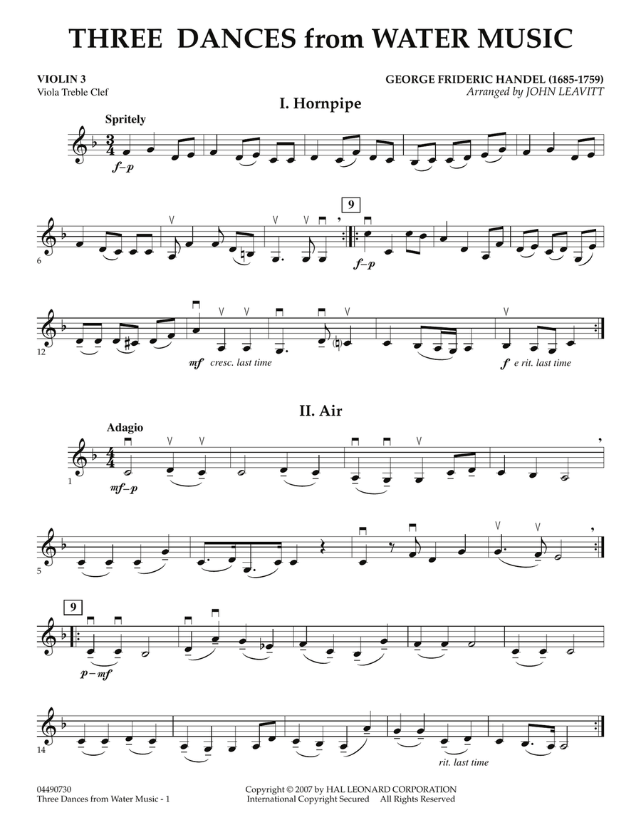 Three Dances from Water Music - Violin 3 (Viola T.C.) Orchestra scores gallery preview page 1