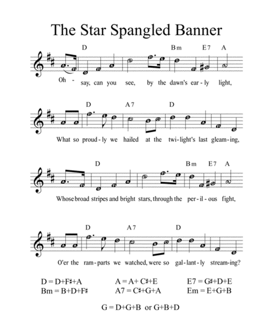 The Star Spangled Banner Key of D Alphanote Lead Sheet