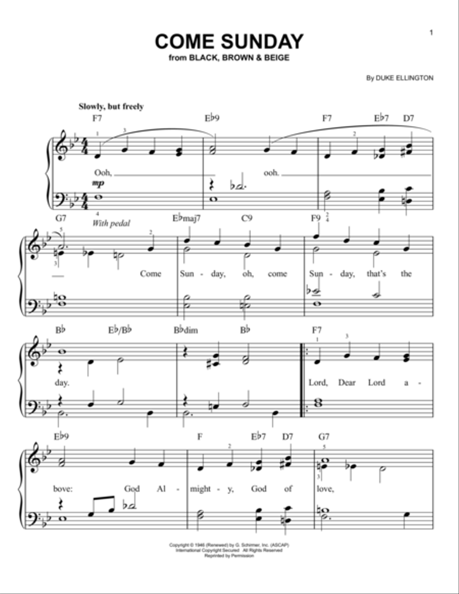 Come Sunday Come Sunday Easy Piano scores gallery preview page 1