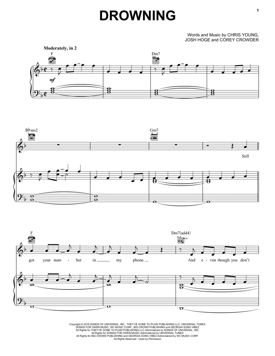 Drowning Piano, Vocal, Guitar scores gallery preview page 1