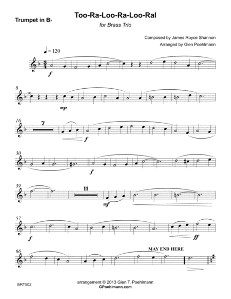 TOO RA LOO RA LOO RAL for BRASS TRIO (unaccompanied) Brass Trio scores gallery preview page 5