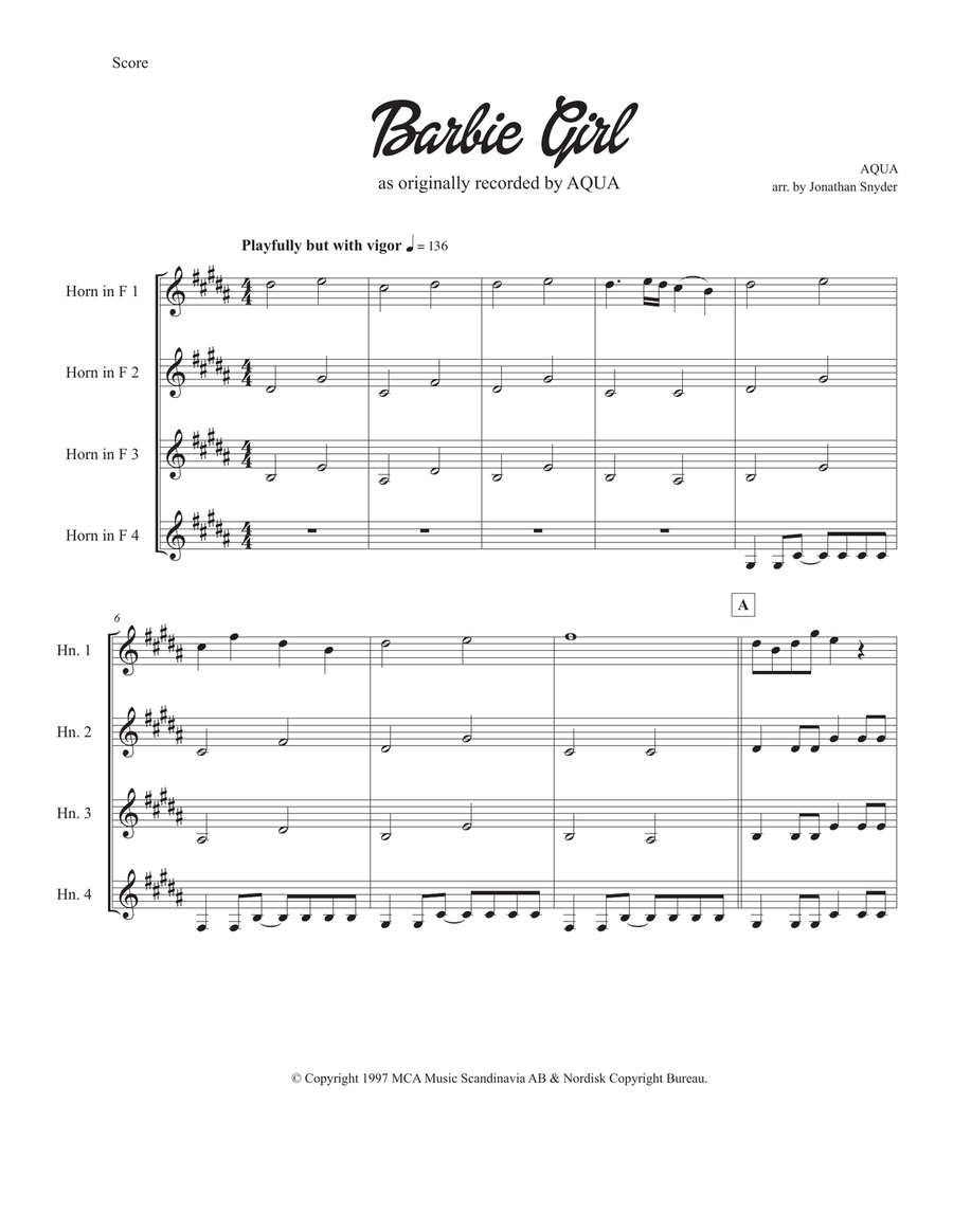 Barbie Girl Brass Quartet scores gallery preview page 1