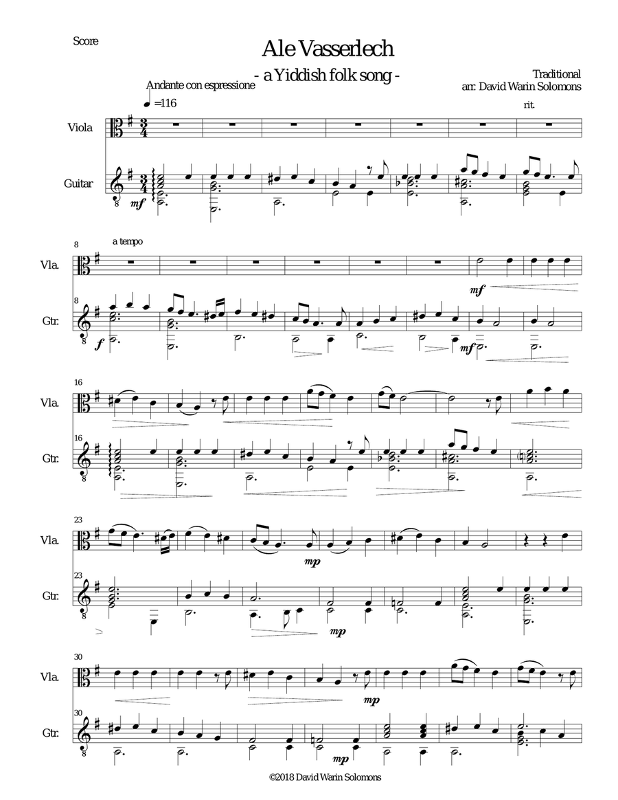 Ale vasserlech (All the waters flow away) for viola and guitar String Duet scores gallery preview page 1
