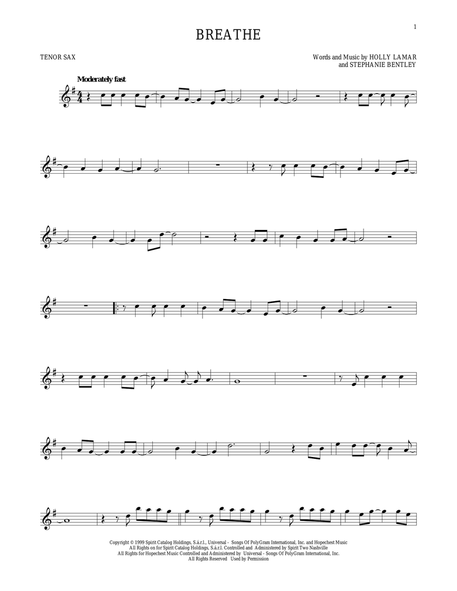 Breathe Breathe Tenor Saxophone scores gallery preview page 1
