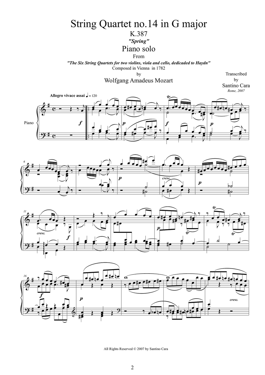 Mozart – Complete String quartet no.14 in G major K387 (Spring) for piano solo Cello scores gallery preview page 2