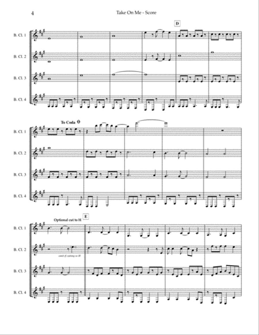 Take On Me Clarinet Quartet scores gallery preview page 5