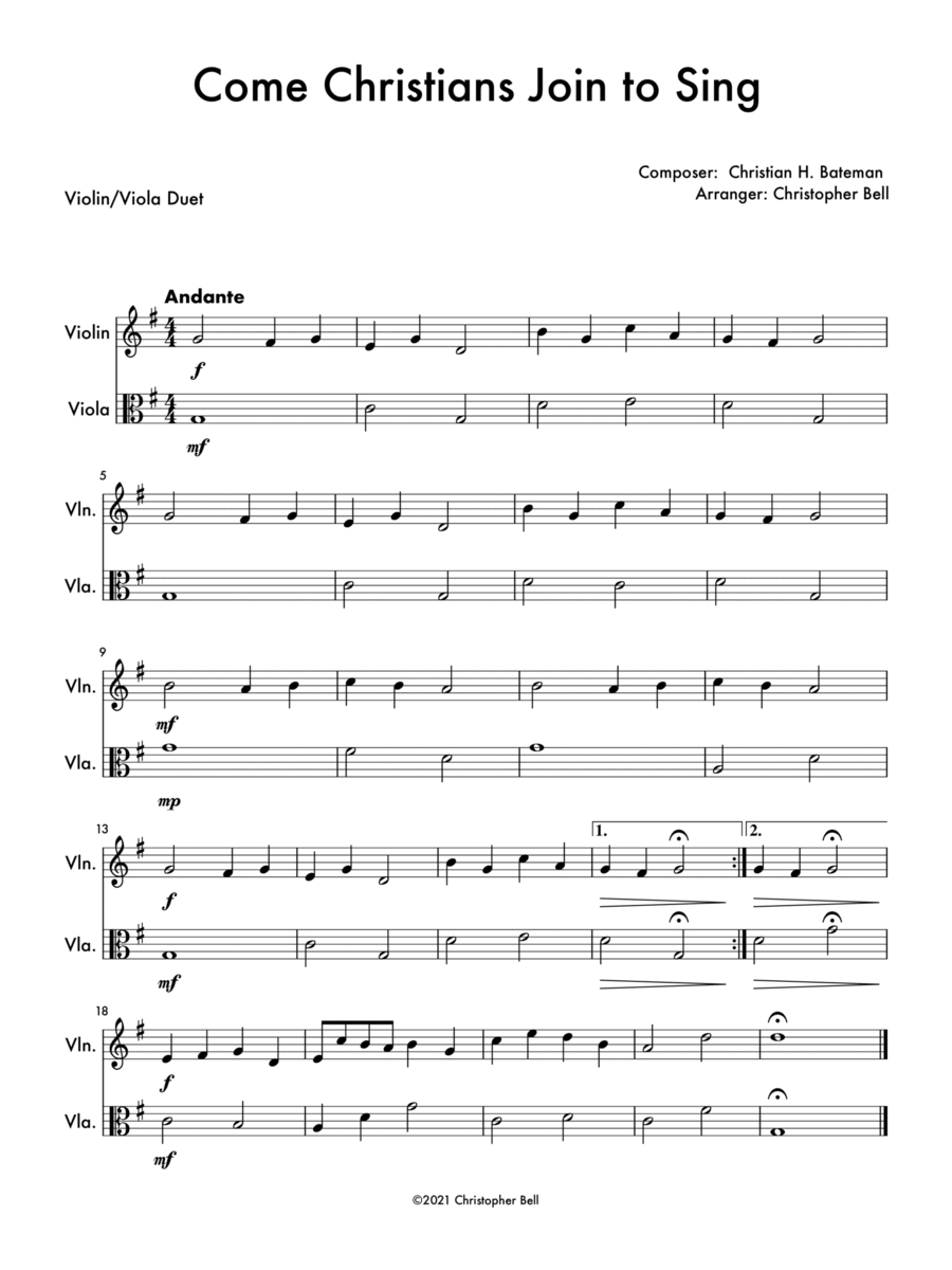 Come Christians, Join To Sing - Violin/Viola Duet String Duet scores gallery preview page 1