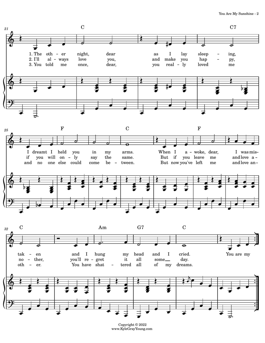 You Are My Sunshine (key of C) Piano, Vocal scores gallery preview page 2