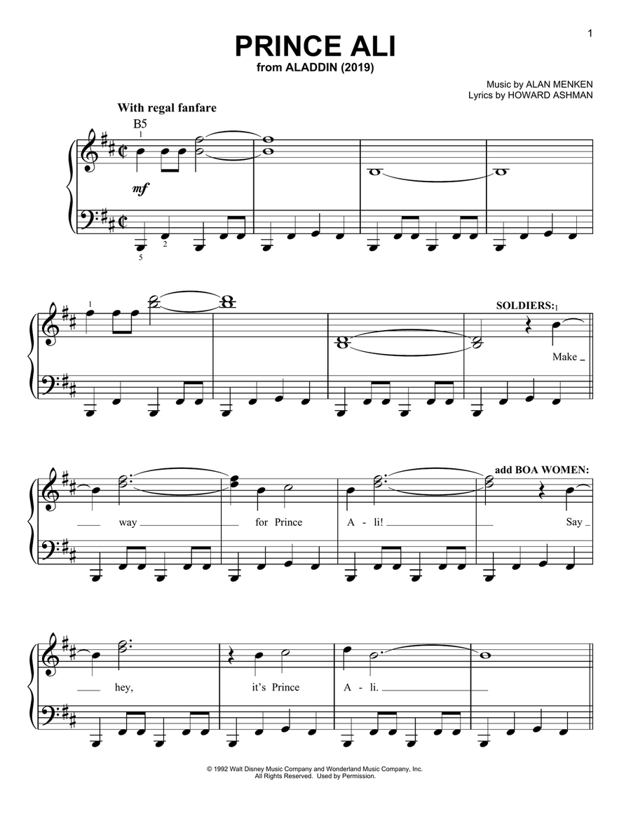 Prince Ali (from Disney's Aladdin) Easy Piano scores gallery preview page 1