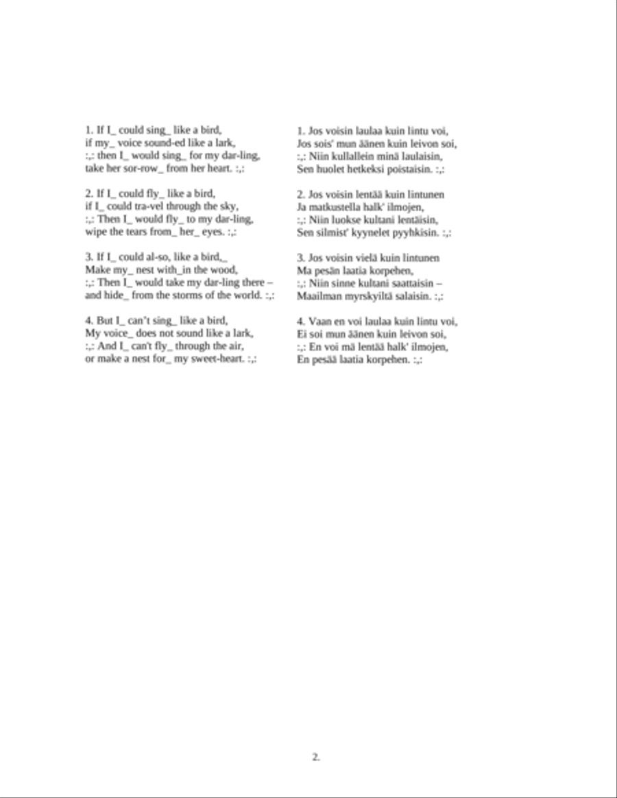 Five Finnish Songs of Longing with sing-able English and Finnish lyrics Part scores gallery preview page 3