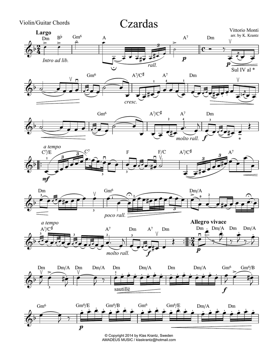 Czardas for violin with guitar chords (lead sheet) Violin scores gallery preview page 1