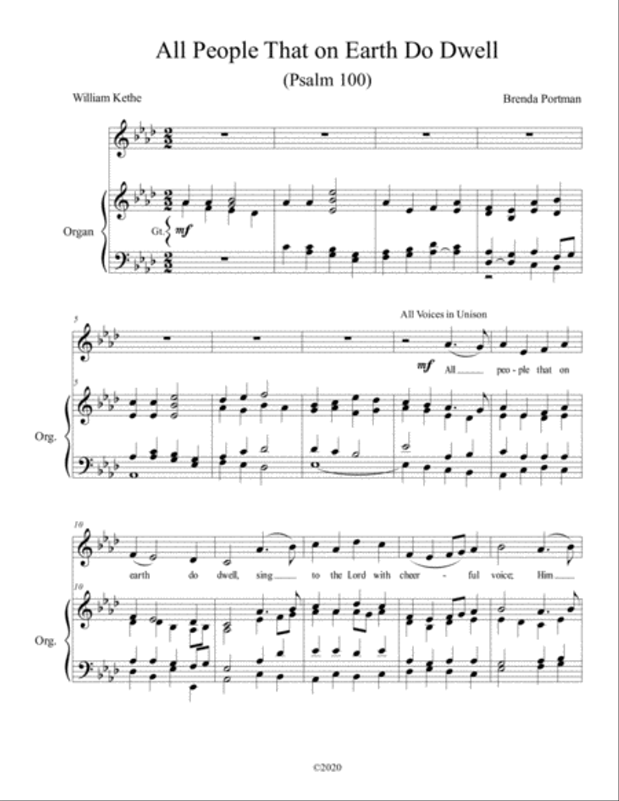 All People That on Earth Do Dwell (unison choir/organ), by Brenda Portman Unison Choir scores gallery preview page 1