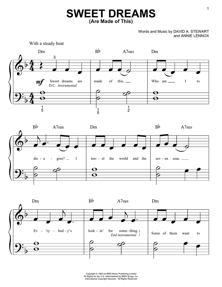 Sweet Dreams (Are Made Of This) Easy Piano scores gallery preview page 1