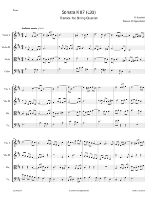 Book cover for Scarlatti, D: Sonata in B minor K 87 arranged for String Quartet