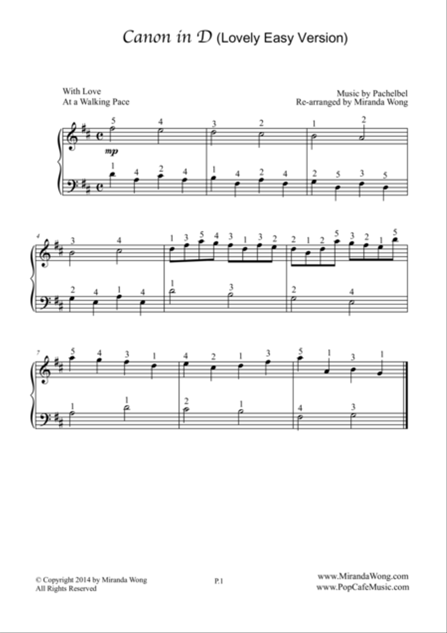 Canon in D - Romantic Piano Solo (Lovely Easy Version) Easy Piano scores gallery preview page 1