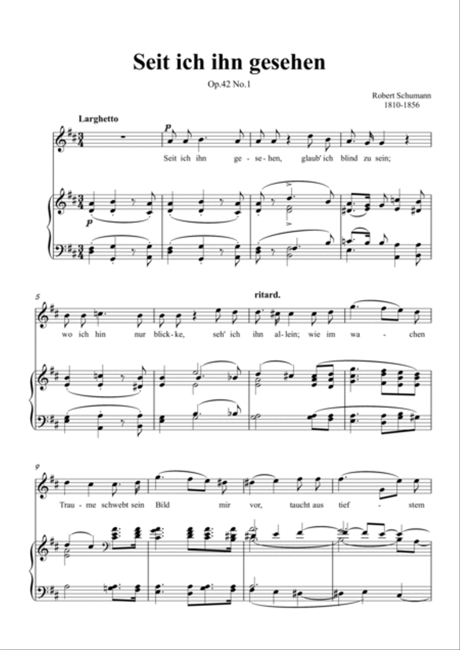 Schumann-Seit ich ihn gesehen,Op.42 No.1 in D Major for Voice and Piano Voice Solo scores gallery preview page 2