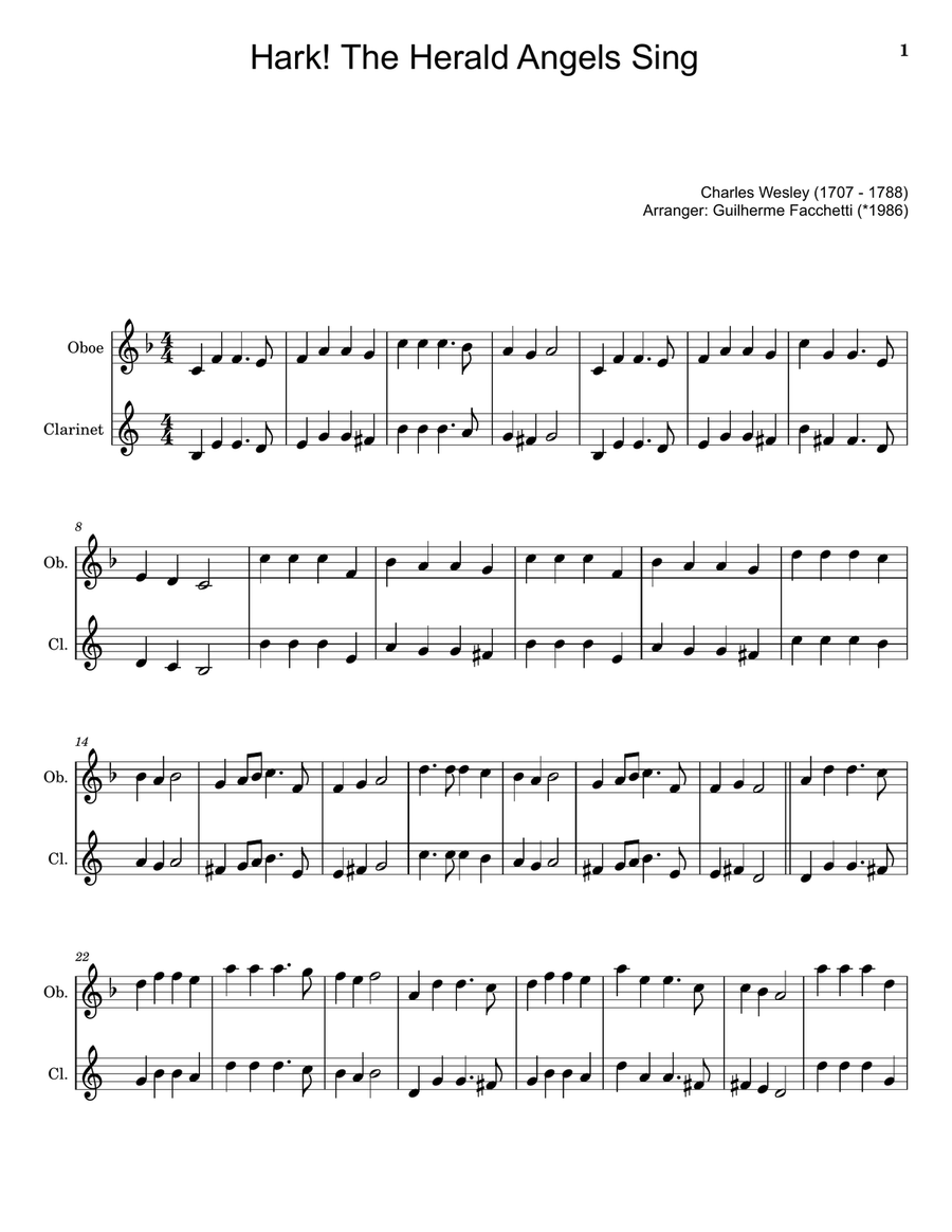 Hark! The Herald Angels Sing - Arranged for Oboe and Clarinet. Woodwind Duet scores gallery preview page 1