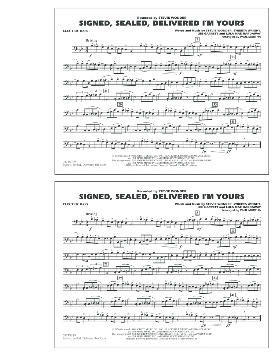 Signed, Sealed, Delivered I'm Yours - Electric Bass Marching Band scores gallery preview page 1