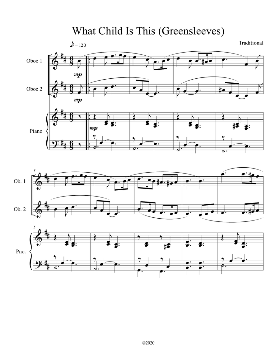 What Child Is This (Greensleeves) for oboe duet with optional piano accompaniment What Child Is This (Greensleeves) for oboe duet with optional piano accompaniment Woodwind Duet scores gallery preview page 1