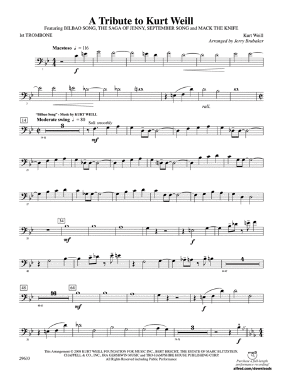 A Tribute to Kurt Weill: 1st Trombone Concert Band scores gallery preview page 1