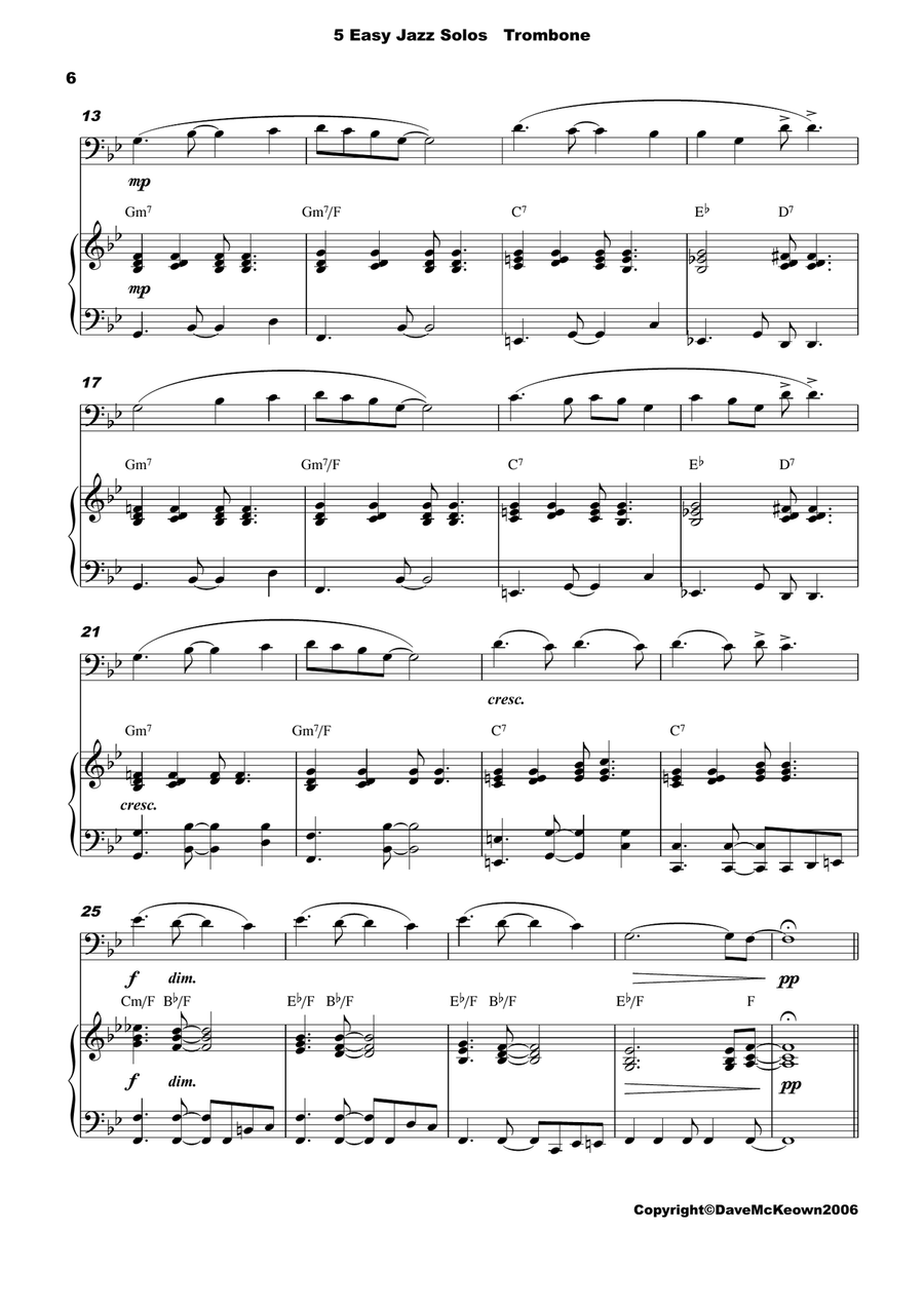 5 Easy Jazz Solos for Trombone and Piano Trumpet Solo scores gallery preview page 6