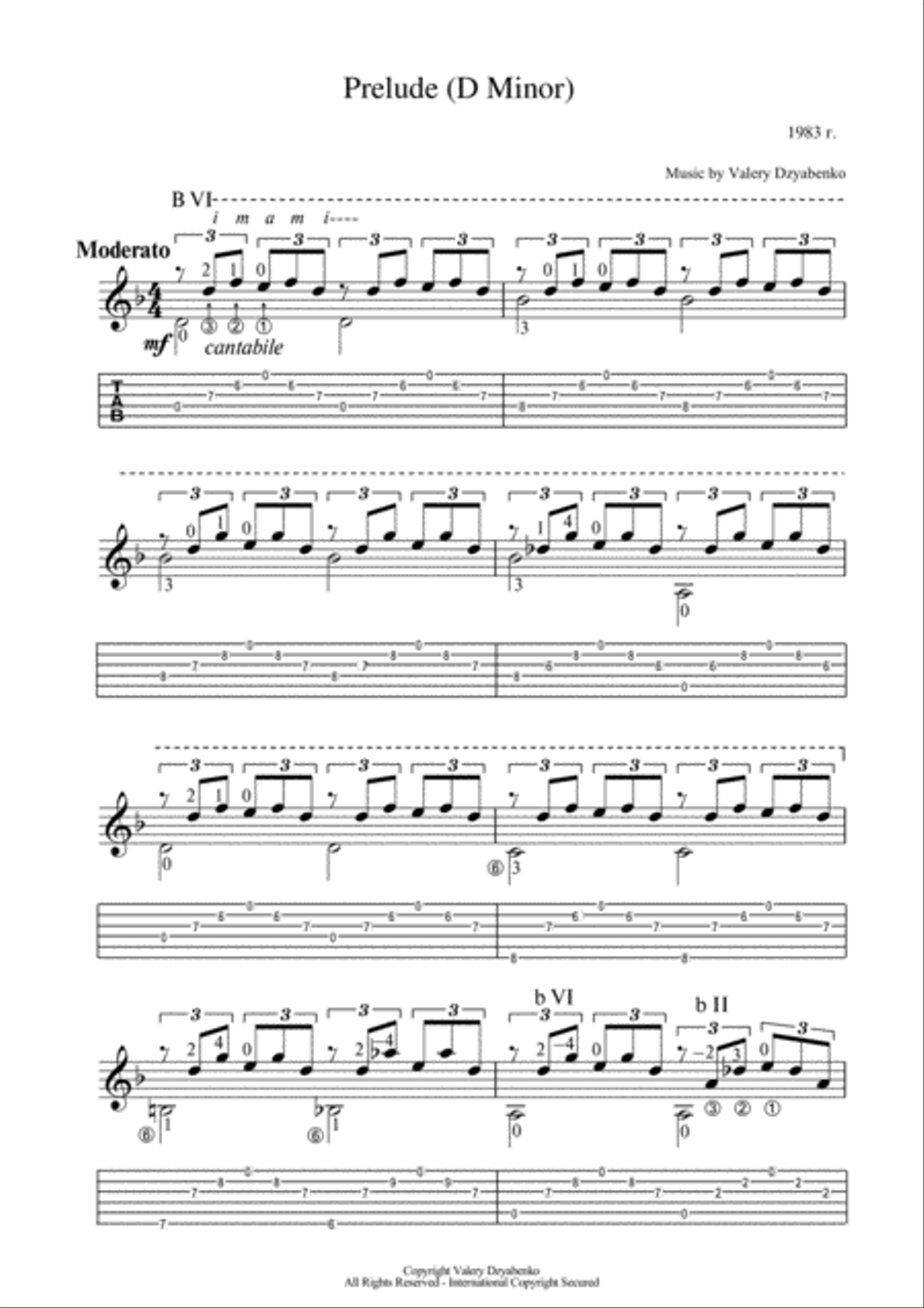 Prelude (D Minor). Relaxing music. Classical Guitar scores gallery preview page 1