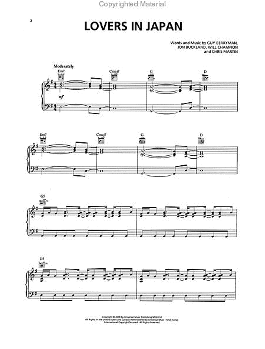 Lovers in Japan Piano, Vocal, Guitar scores gallery preview page 2