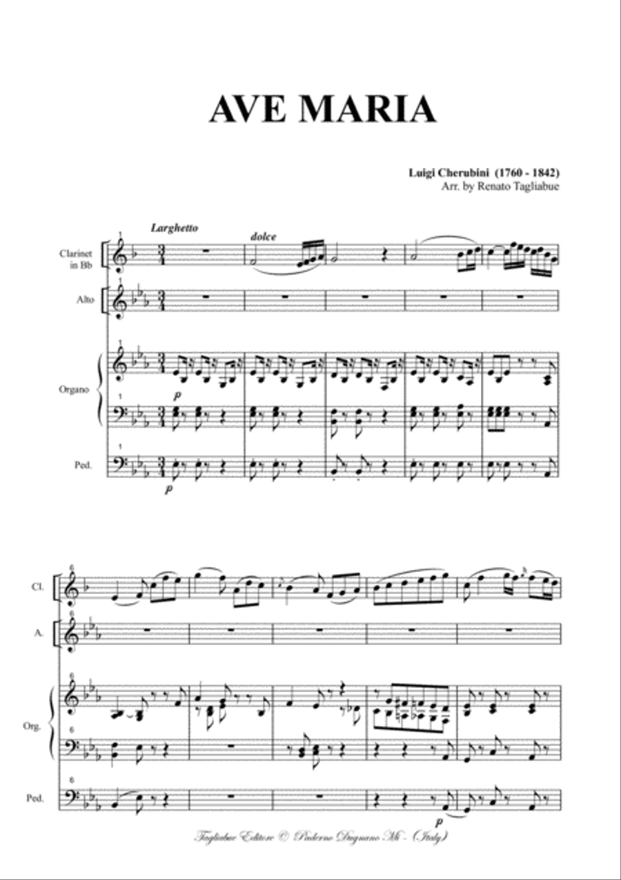 AVE MARIA by Cherubini for Alto, Clarinet in Bb and Organ/Piano Small Ensemble scores gallery preview page 2
