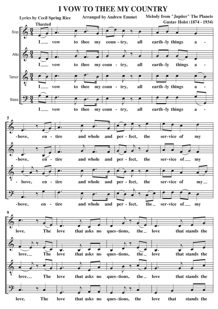 I Vow To Thee My Country A Cappella SATB image number null