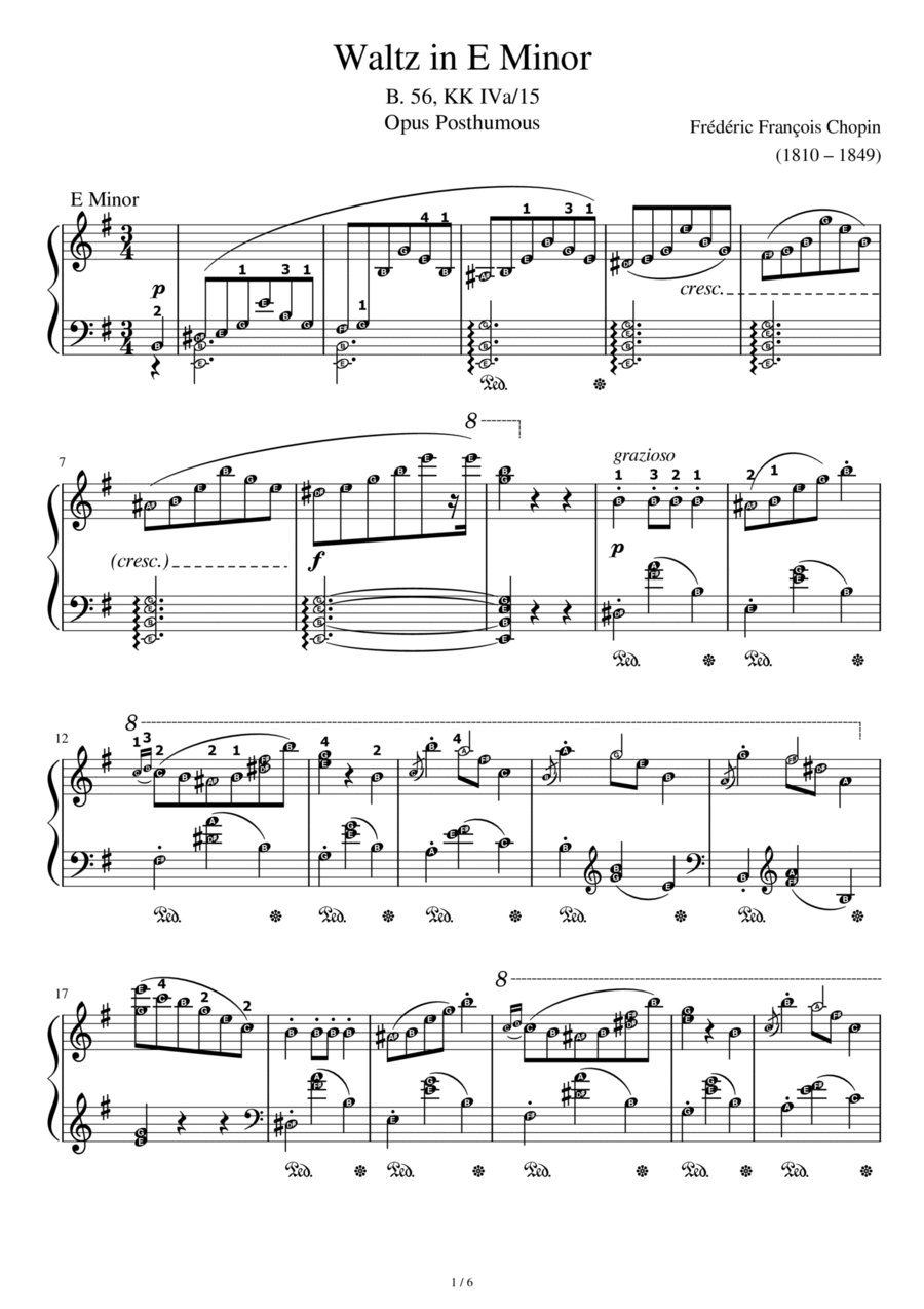 Waltz in E Minor (Opus Posthumous B. 56) Chopin with note names Piano Solo scores gallery preview page 1
