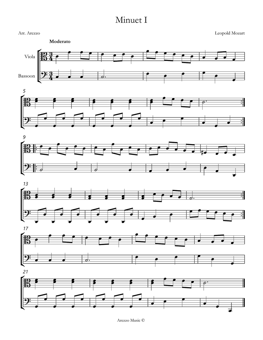 leopold mozart notebook for wolfgang minuet I Viola and Bassoon sheet music Chamber Music scores gallery preview page 1