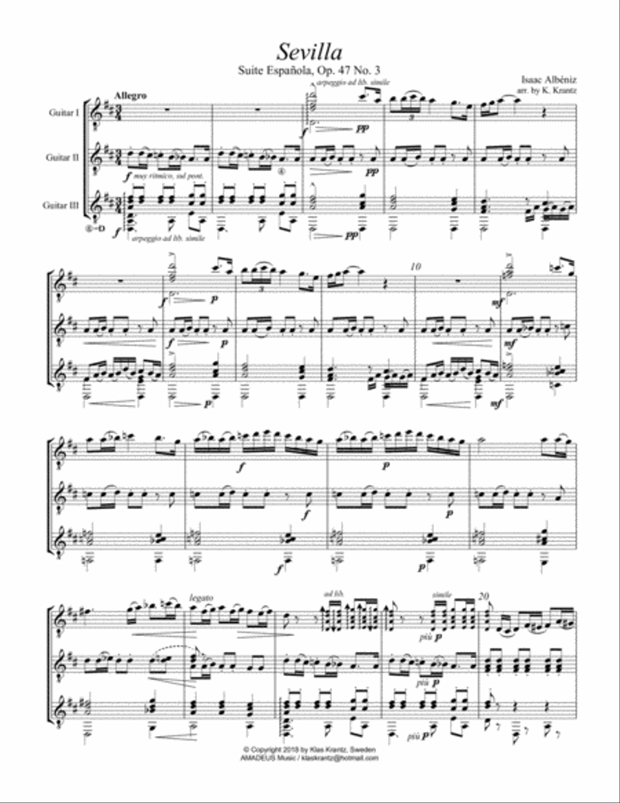 Sevilla Op. 47 No. 3 for guitar trio Guitar Ensemble scores gallery preview page 2