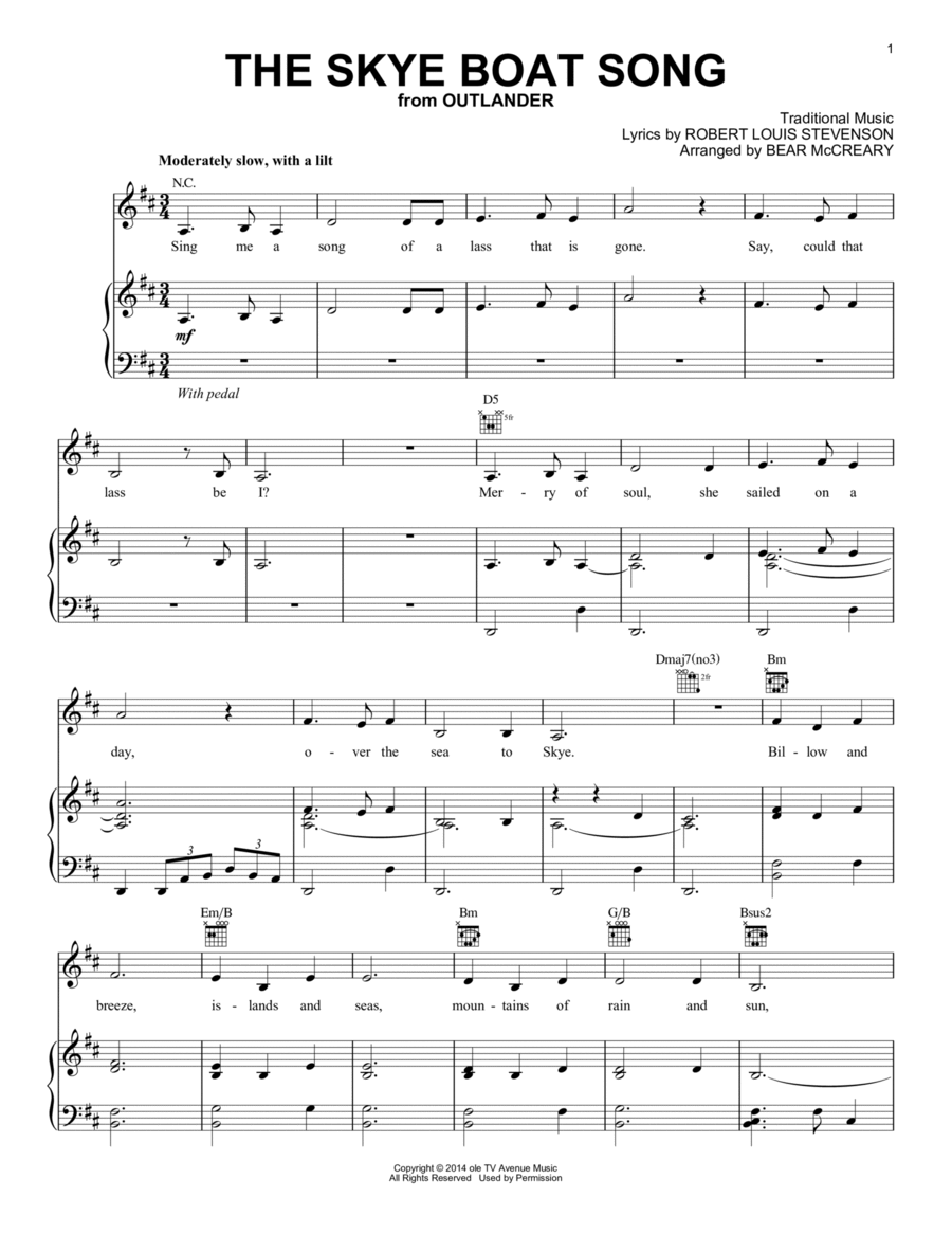 The Skye Boat Song (from Outlander) Piano, Vocal, Guitar scores gallery preview page 1