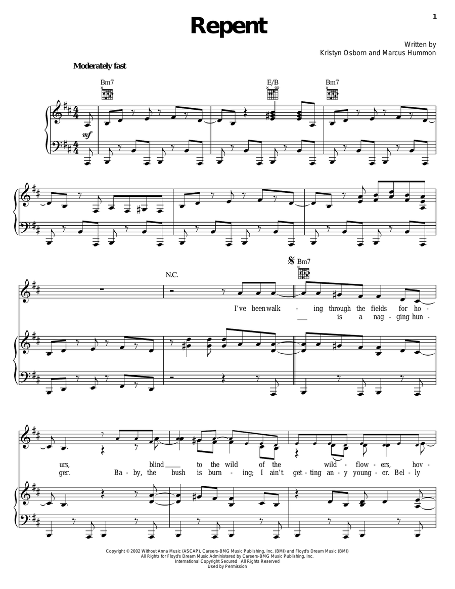 Repent Piano, Vocal, Guitar scores gallery preview page 1