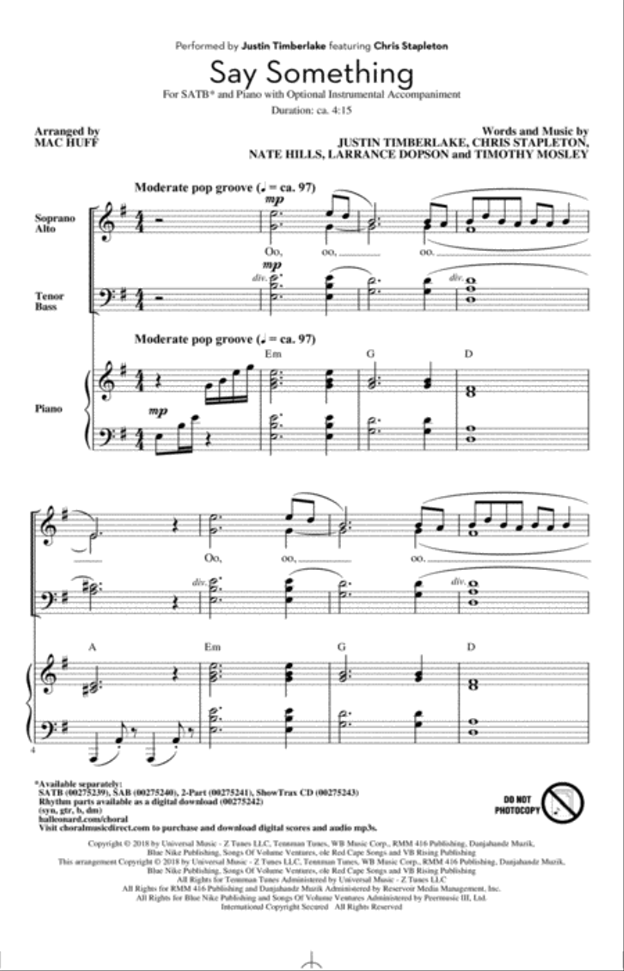 Say Something (feat. Chris Stapleton) (arr. Mac Huff) 4-Part scores gallery preview page 1