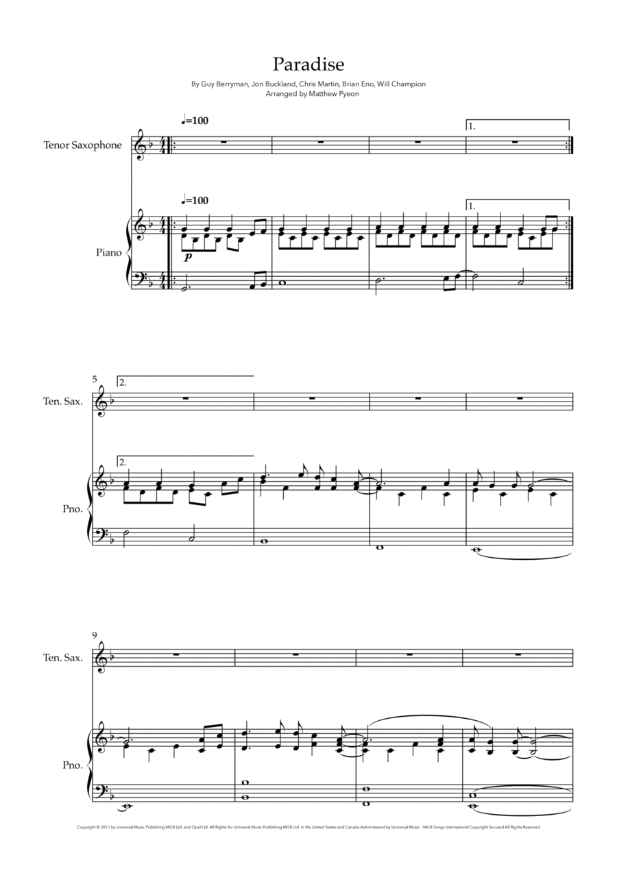 Paradise Paradise Tenor Saxophone scores gallery preview page 1
