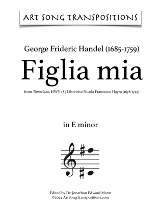 Book cover for HANDEL: Figlia mia (transposed to E minor)
