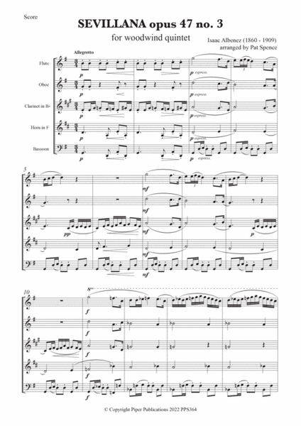 ALBENIZ: SEVILLANA Opus 47 no. 3 for woodwind quintet