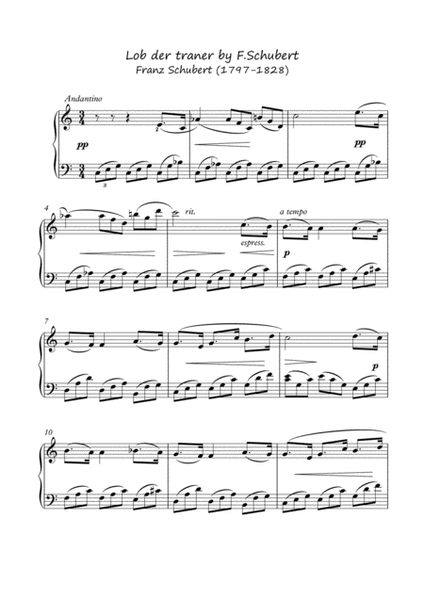 Lob der Traner by Franz Schubert for easy piano by Franz Schubert Easy Piano - Digital Sheet Music