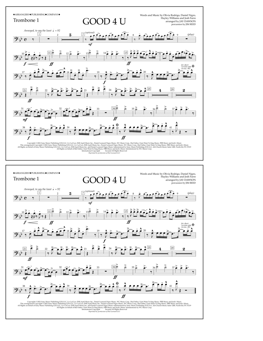 good 4 u (arr. Jay Dawson) - Trombone 1