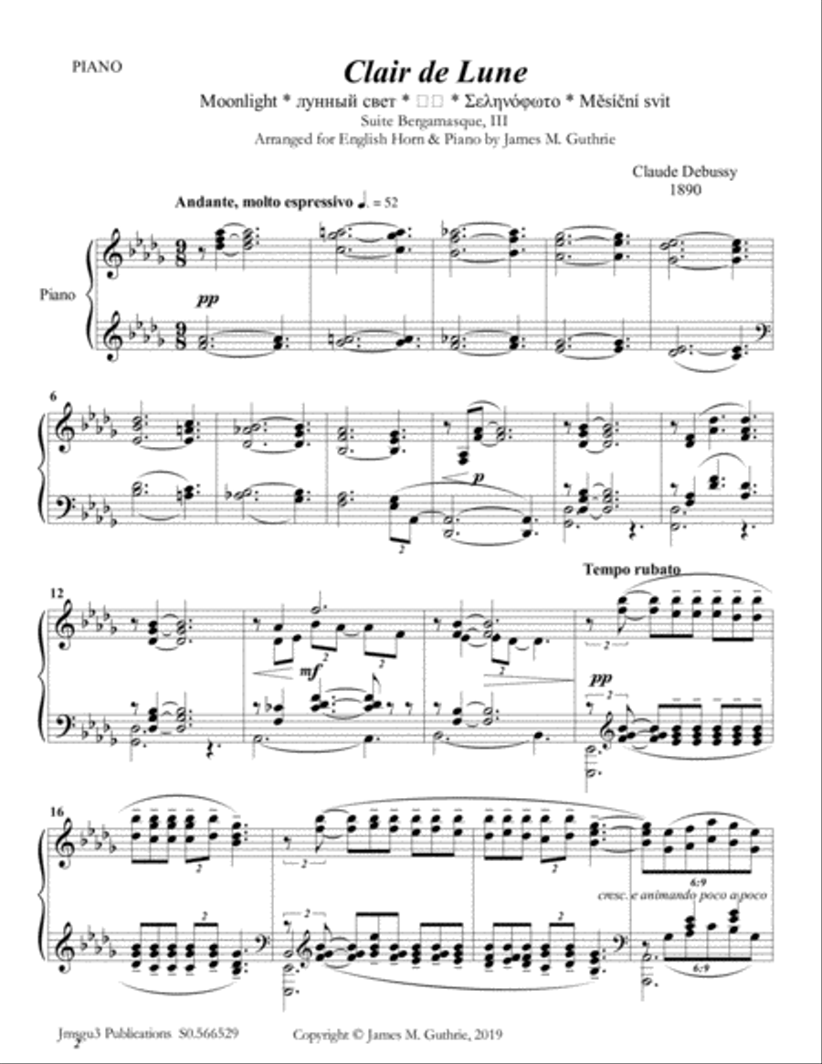 Debussy: Claire de Lune for English Horn & Piano English Horn scores gallery preview page 1