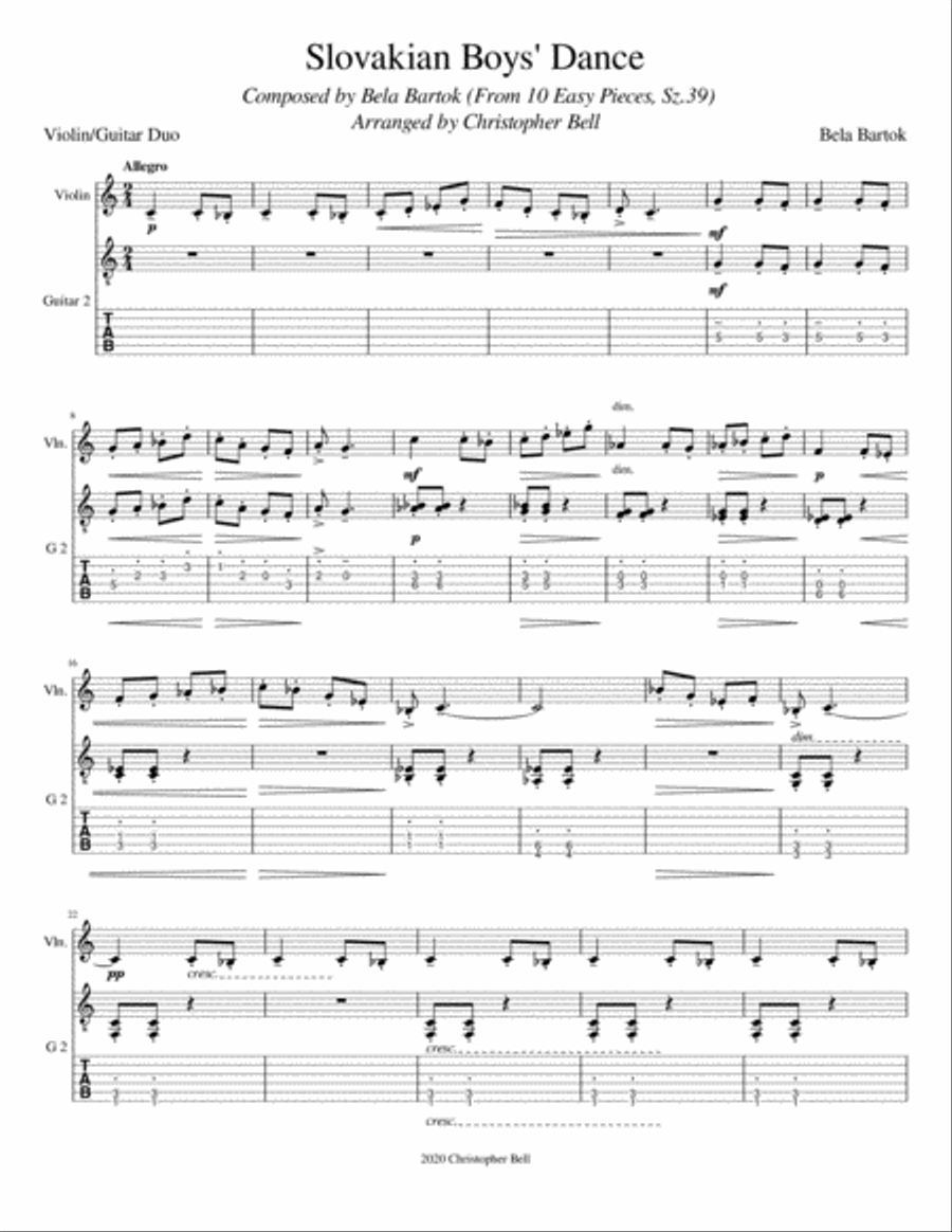 Bela Bartok - Slovakian Boy's Dance(From 10 Easy Pieces) - Violin/Guitar Duo String Duet scores gallery preview page 2