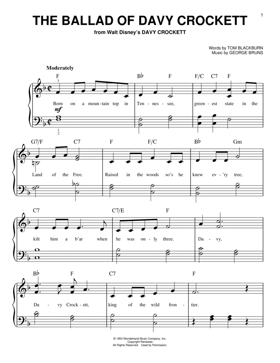 The Ballad Of Davy Crockett (from Davy Crockett) Easy Piano scores gallery preview page 1