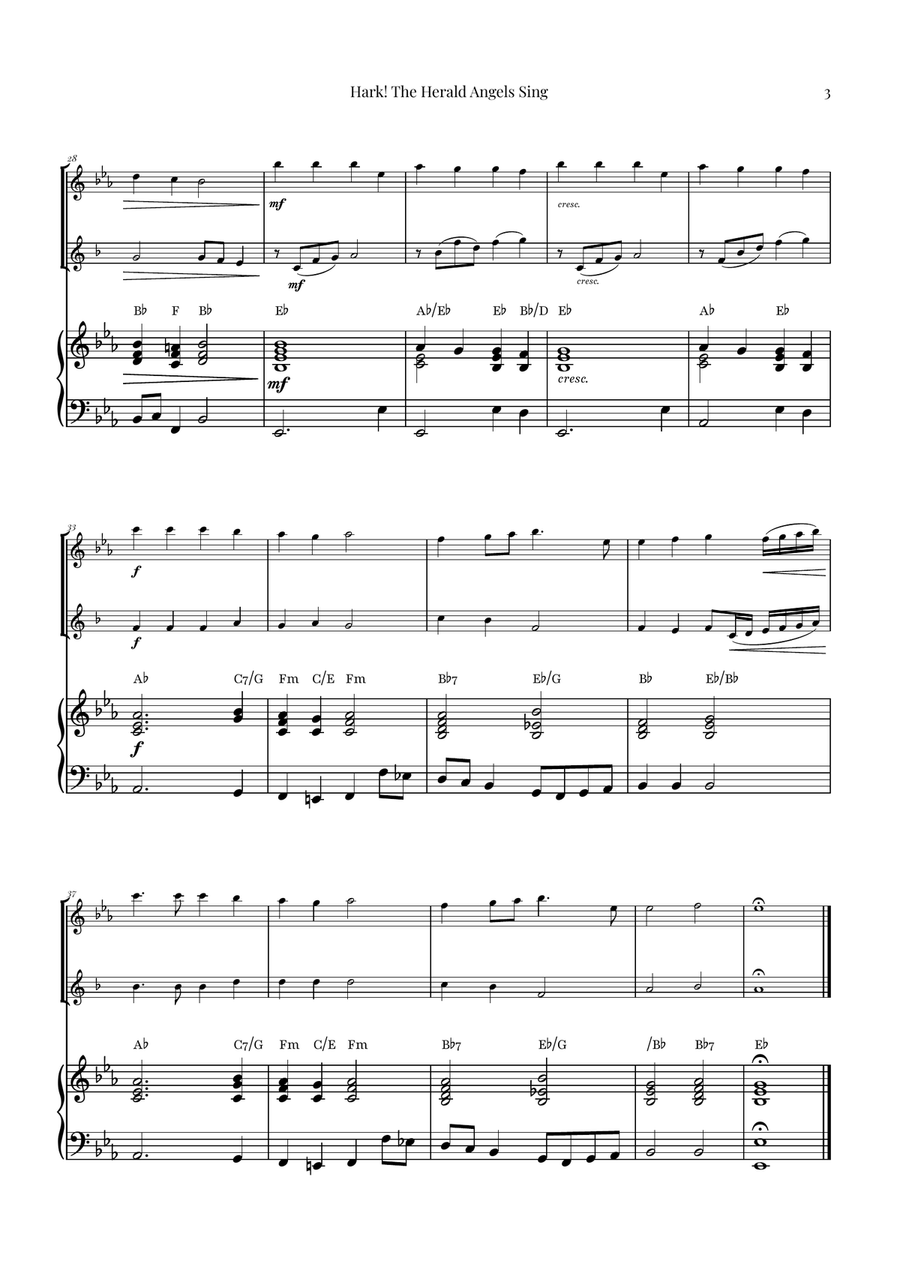 Hark! The Herald Angels Sing Duet Arrangement | Christmas Carol Sheet Music Woodwind Duet scores gallery preview page 3