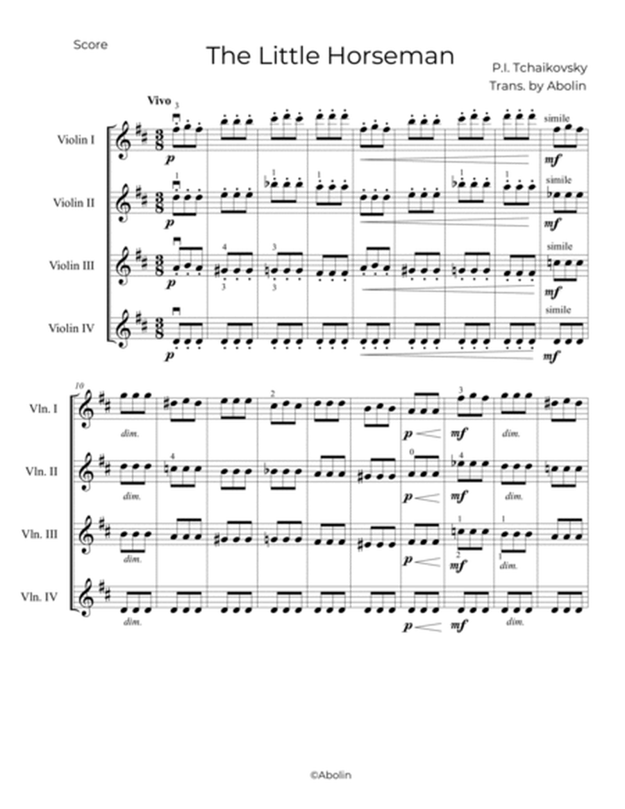 Tchaikovsky: The Little Horseman, Op.39, No.4 - arr. for Violin Quartet image number null