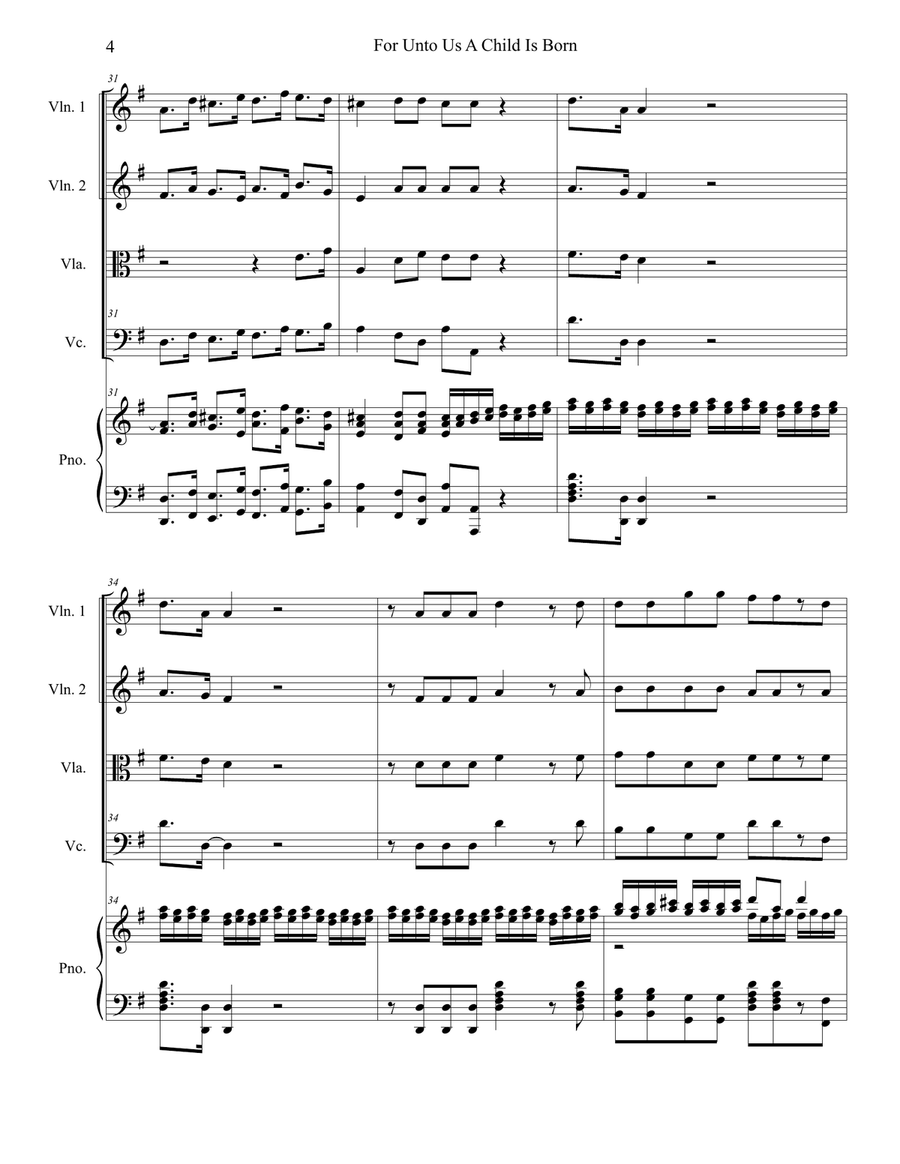 For Unto Us A Child Is Born (String Quartet and Piano) String Quartet scores gallery preview page 4