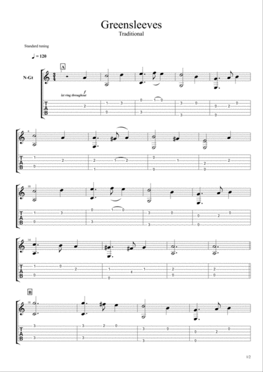 Traditional - Greensleeves Guitar Tablature scores gallery preview page 1